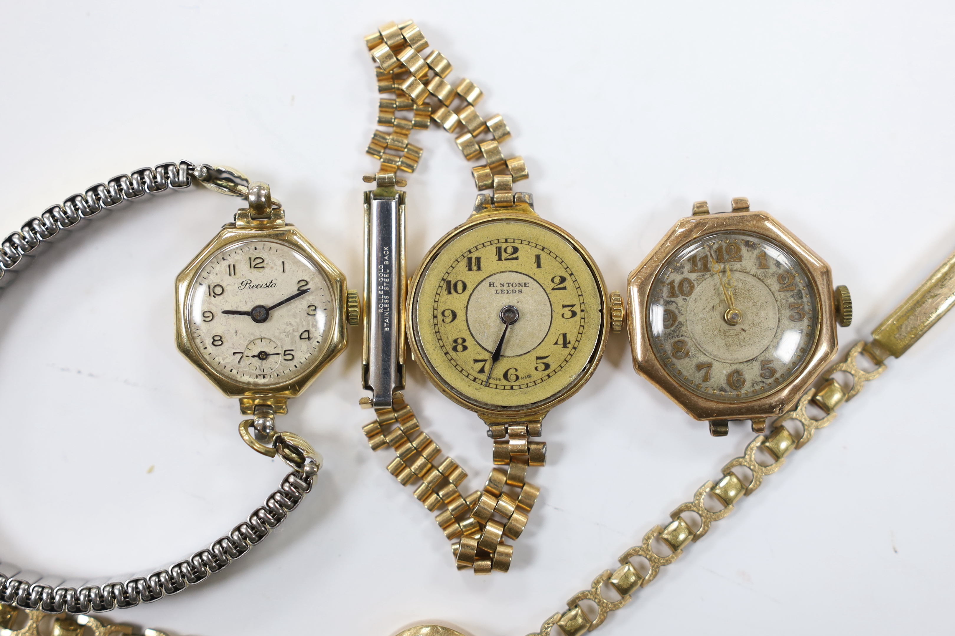 Four lady's assorted 9ct gold manual wind wrist watches, including Accurist and Precista, three on gold plated or rolled gold bracelets.